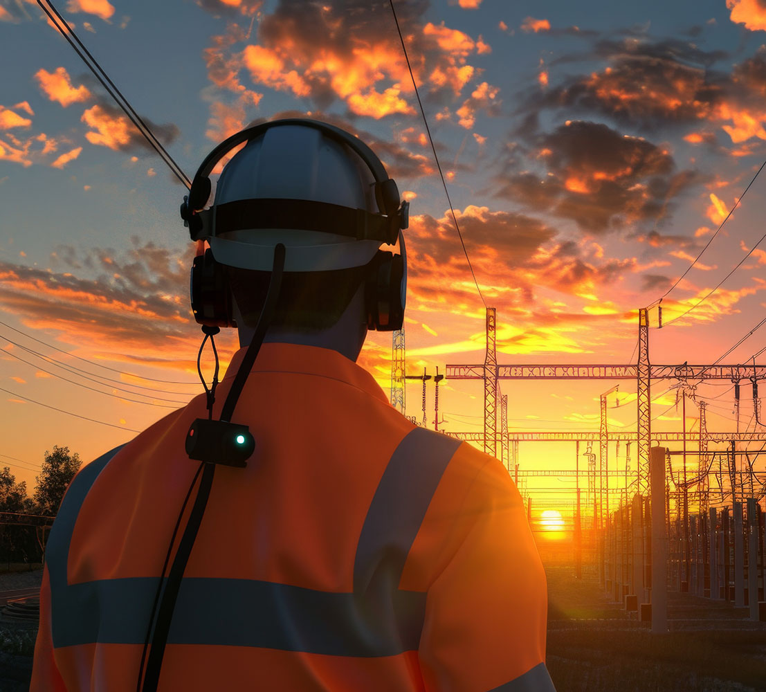 Electrical engineer overseeing  a substation at sunset